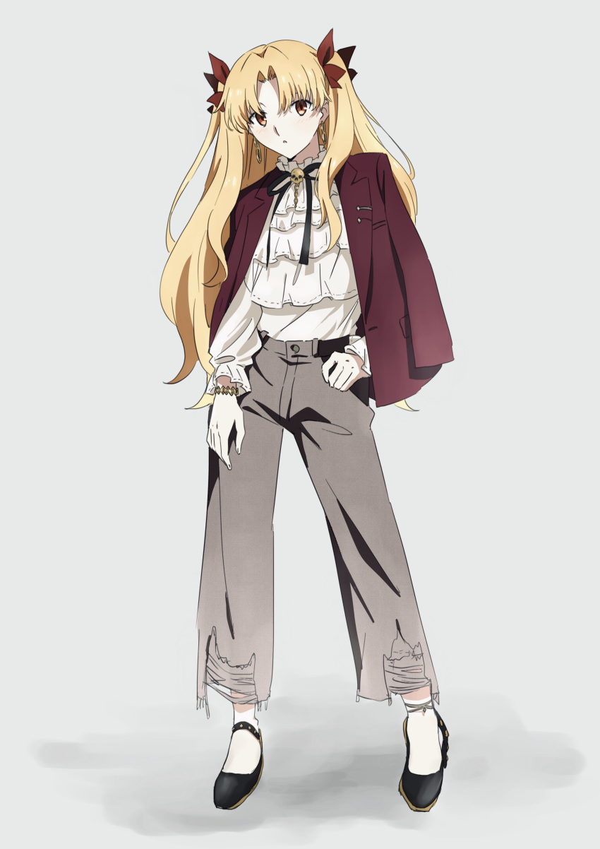 1girl absurdres anklet black_footwear blonde_hair bow bracelet brown_eyes casual earrings ereshkigal_(fate/grand_order) fate/grand_order fate_(series) full_body grey_background grey_pants hair_between_eyes hair_bow hair_intakes highres jacket jacket_on_shoulders jewelry kana090601 long_hair long_sleeves looking_at_viewer open_clothes open_jacket pants red_bow red_jacket shirt simple_background solo standing torn_clothes torn_pants twintails very_long_hair white_shirt