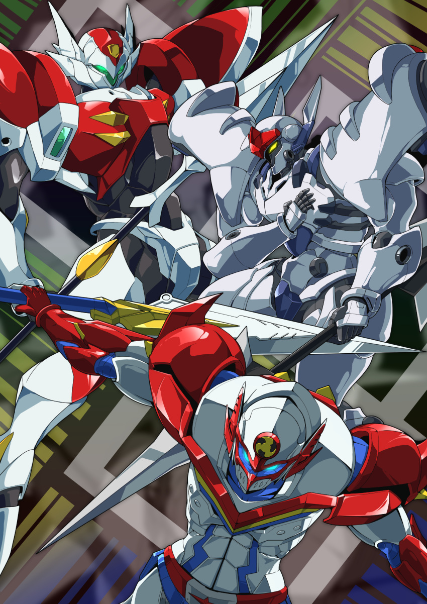 blue_eyes d-boy detonator_orgun gamiani_zero glowing glowing_eyes green_eyes hand_on_own_chest highres holding_lance infini-t_force lance looking_down looking_to_the_side mecha orgun polearm power_armor super_robot_wars super_robot_wars_w tatsunoko_pro tekkaman_(character) tekkaman_blade weapon yellow_eyes