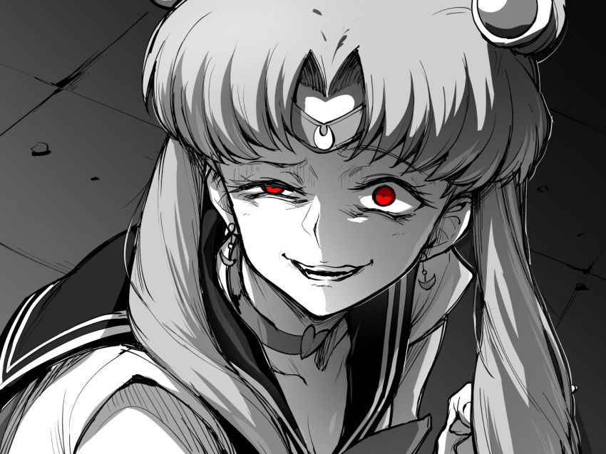 1girl bishoujo_senshi_sailor_moon choker collarbone commentary_request crescent crescent_earrings derivative_work diadem earrings ebiblue evil_smile gesugao greyscale grin heart jewelry monitor monochrome red_eyes sailor_collar sailor_moon sailor_moon_redraw_challenge sailor_senshi sailor_senshi_uniform screencap_redraw smile solo spot_color teeth tsukino_usagi twintails upper_body