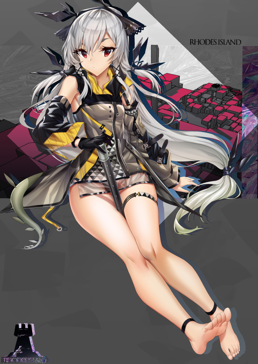 1girl absurdres ankle_strap arknights arm_support bare_legs bare_shoulders barefoot between_legs black_gloves breasts detached_sleeves dress feet gloves grey_background grey_dress hair_ornament hairband highres hood hood_down long_hair long_sleeves looking_at_viewer panties panty_peek red_eyes rhodes_island_logo see-through short_dress silver_hair single_glove sitting skindentation small_breasts solo thigh_strap thighs toes underwear very_long_hair weedy_(arknights) x_hair_ornament xo_(xo17800108)