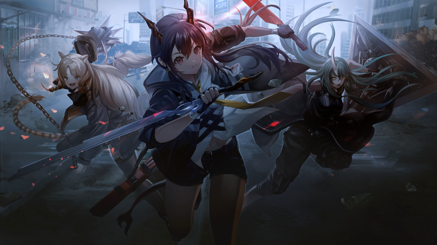 3girls :d :o absurdres animal_ears arknights armor bangs beret black_gloves black_headwear black_jacket black_pants black_shorts breastplate ch'en_(arknights) chain city commentary_request dragon_horns drill_hair drill_locks dual_wielding fingerless_gloves flail gloves green_hair grey_eyes hannya_(arknights) hat highres holding holding_sword holding_weapon horn horns hoshiguma_(arknights) i-ron jacket long_hair long_sleeves multiple_girls necktie open_mouth outdoors pants red_eyes scabbard sheath shield shirt short_shorts shorts silver_hair smile swire_(arknights) sword tail thighs tiger_ears tiger_tail very_long_hair weapon white_shirt yellow_neckwear
