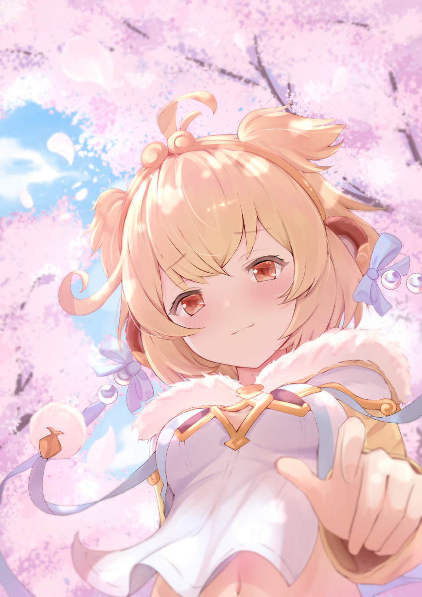 andira_(granblue_fantasy) animal_ears bangs blonde_hair blush bow breasts cherry_blossoms eyebrows eyebrows_visible_through_hair granblue_fantasy hair_bow hair_ornament highres kimblee looking_at_viewer monkey_ears navel red_eyes ribbon short_hair smile twintails two_side_up