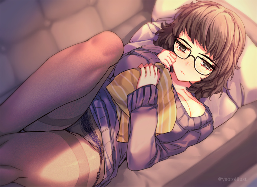 1girl black-framed_eyewear breasts brown_eyes brown_hair brown_legwear closed_mouth collarbone couch glasses kawakami_sadayo long_sleeves lying medium_breasts on_back panties panties_under_pantyhose pantyhose persona persona_5 pillow purple_sweater ribbed_sweater short_hair solo sweater thighband_pantyhose underwear yaoto