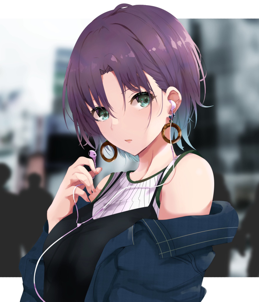 1girl :0 asakura_tooru bangs black_tank_top blue_eyes blue_jacket blurry blurry_background earphones earphones earrings highres hoop_earrings idolmaster idolmaster_shiny_colors jacket jewelry looking_at_viewer multicolored_hair open_mouth outdoors parted_bangs ribbed_shirt ryuu. shirt short_hair sleeveless tank_top two-tone_hair upper_body