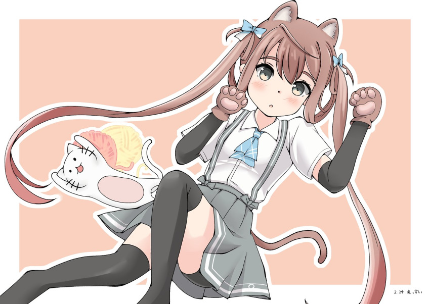 1girl 1other animal_ears arm_warmers artist_name asagumo_(kantai_collection) ascot batsubyou bike_shorts black_legwear black_shorts blue_neckwear border brown_hair cat cat_ears cat_tail commentary_request dated feet_out_of_frame gloves grey_eyes grey_skirt hair_ribbon kantai_collection long_hair looking_at_viewer nessui orange_background paw_gloves paws pleated_skirt ribbon shirt shorts shorts_under_skirt skirt suspender_skirt suspenders tail thigh-highs twintails two-tone_background white_border white_shirt