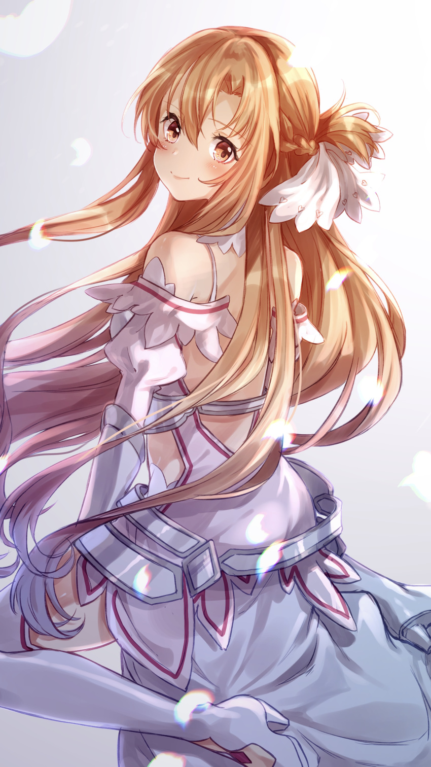 1girl absurdres asuna_(stacia) boots brown_eyes brown_hair closed_mouth dress faulds floating_hair from_behind hair_intakes highres hozumi_rino long_hair looking_at_viewer looking_back shiny shiny_hair shoulder_blades sitting smile solo sword_art_online thigh-highs thigh_boots very_long_hair wariza white_dress white_legwear