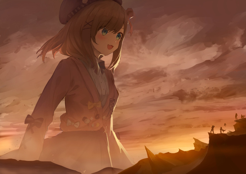 :3 athenawyrm bangs beret blue_eyes blush bow brown_hair cardigan clouds cloudy_sky commentary dust giantess hair_bow hair_ornament hat highres long_sleeves medium_hair nijisanji open_mouth pink_cardigan shirt skirt sky smile smoke standing sunset suzuhara_lulu upper_body virtual_youtuber white_shirt x_hair_ornament