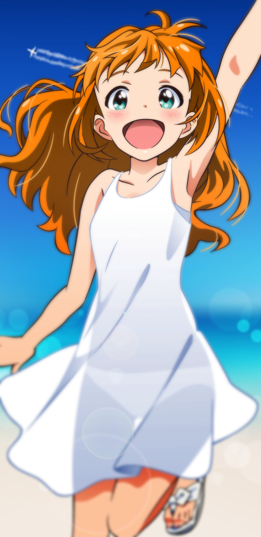 1girl :d absurdres akizuki_ritchan arm_up armpits beach blue_sky blurry blurry_background blush brown_hair collarbone dress floating_hair green_eyes highres idolmaster idolmaster_(classic) lens_flare long_hair looking_at_viewer open_mouth panties shiny shiny_hair sky sleeveless sleeveless_dress smile solo standing standing_on_one_leg sundress takatsuki_yayoi thigh_gap underwear very_long_hair white_dress white_panties