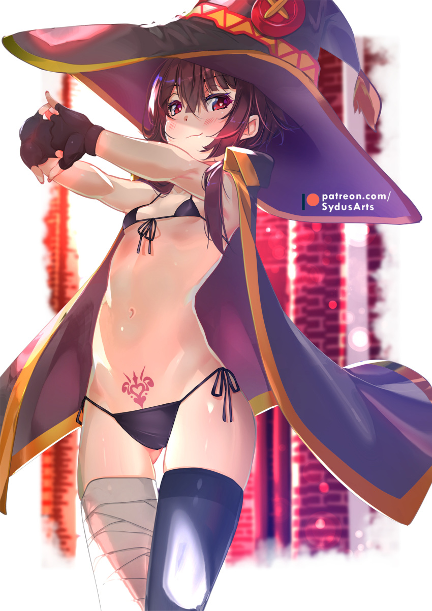 1girl :3 arms_up ass_visible_through_thighs bandaged_leg bandages bangs bikini black_bikini black_cape black_gloves black_headwear black_legwear blurry blush breasts breasts_apart brown_hair button_eyes cape closed_mouth collarbone commentary depth_of_field english_commentary eyebrows_visible_through_hair fingerless_gloves front-tie_bikini front-tie_top gloves hat heart heart-shaped_pupils highres kono_subarashii_sekai_ni_shukufuku_wo! looking_at_viewer megumin micro_bikini navel outstretched_arms own_hands_together pubic_tattoo red_eyes short_hair side-tie_bikini sidelocks single_thighhigh small_breasts smile smug solo stomach stretch swimsuit sydus symbol-shaped_pupils tassel tattoo thigh-highs thigh_gap witch_hat