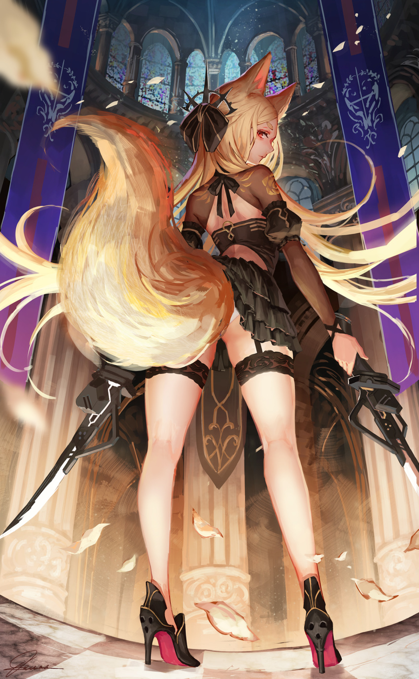 1girl animal_ear_fluff animal_ears black_bow black_footwear black_skirt black_sleeves blonde_hair bow checkered checkered_floor closed_mouth column detached_sleeves dual_wielding fox_ears fox_girl fox_tail hair_bow high_heels highres holding holding_sword holding_weapon indoors layered_skirt leg_garter long_hair long_sleeves looking_at_viewer looking_back original panties pillar pleated_skirt puffy_short_sleeves puffy_sleeves red_eyes shoes short_sleeves signature skirt soles solo stained_glass standing striped striped_bow sword tail tamarashi underwear very_long_hair weapon white_panties