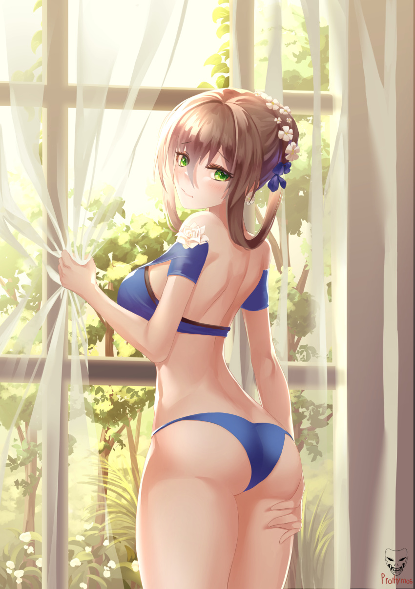 1girl ass back blue_bra blue_panties blush bra breasts brown_hair earrings flower flower_necklace forest girls_frontline green_eyes hair_flower hair_ornament hand_on_thigh highres jewelry long_hair looking_at_viewer looking_back m1903_springfield_(girls_frontline) medium_breasts nature necklace panties prothymos solo thighs underwear window