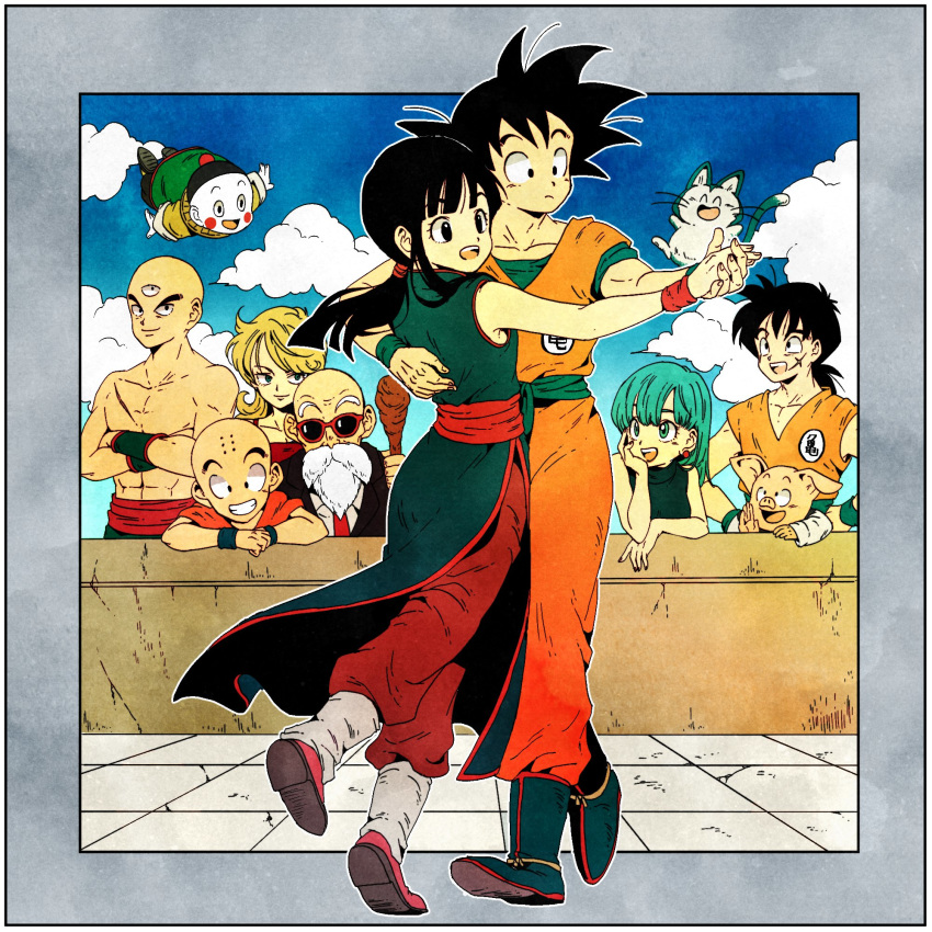 3girls 6+boys abs arena bald bangs beard black_eyes black_hair blonde_hair blue_eyes blue_footwear blue_hair blue_sky blunt_bangs boots border brick_wall bulma chaozu chi-chi_(dragon_ball) china_dress chinese_clothes clenched_teeth closed_mouth clouds cloudy_sky couple crack cracked_wall crossed_arms curly_hair dancing day dot_nose dougi dragon_ball dragon_ball_(classic) dress earrings elbow_rest expressionless facial_hair facial_scar fingernails floating_hair flying formal full_body glasses grey_border grin hand_on_another's_back hand_on_own_chin hands_on_hips happy hetero highres holding_hands jewelry kuririn looking_afar lunch_(dragon_ball) multiple_boys multiple_girls mustache muten_roushi necktie oolong outdoors outside_border ponytail puar red-framed_eyewear red_neckwear scar scar_on_cheek shirtless sidelocks sky sleeveless sleeveless_dress smile son_gokuu spiky_hair straight_hair suit sunglasses teeth tenshinhan third_eye toritoki_(trig_tkdb) upper_teeth wall wristband yamcha