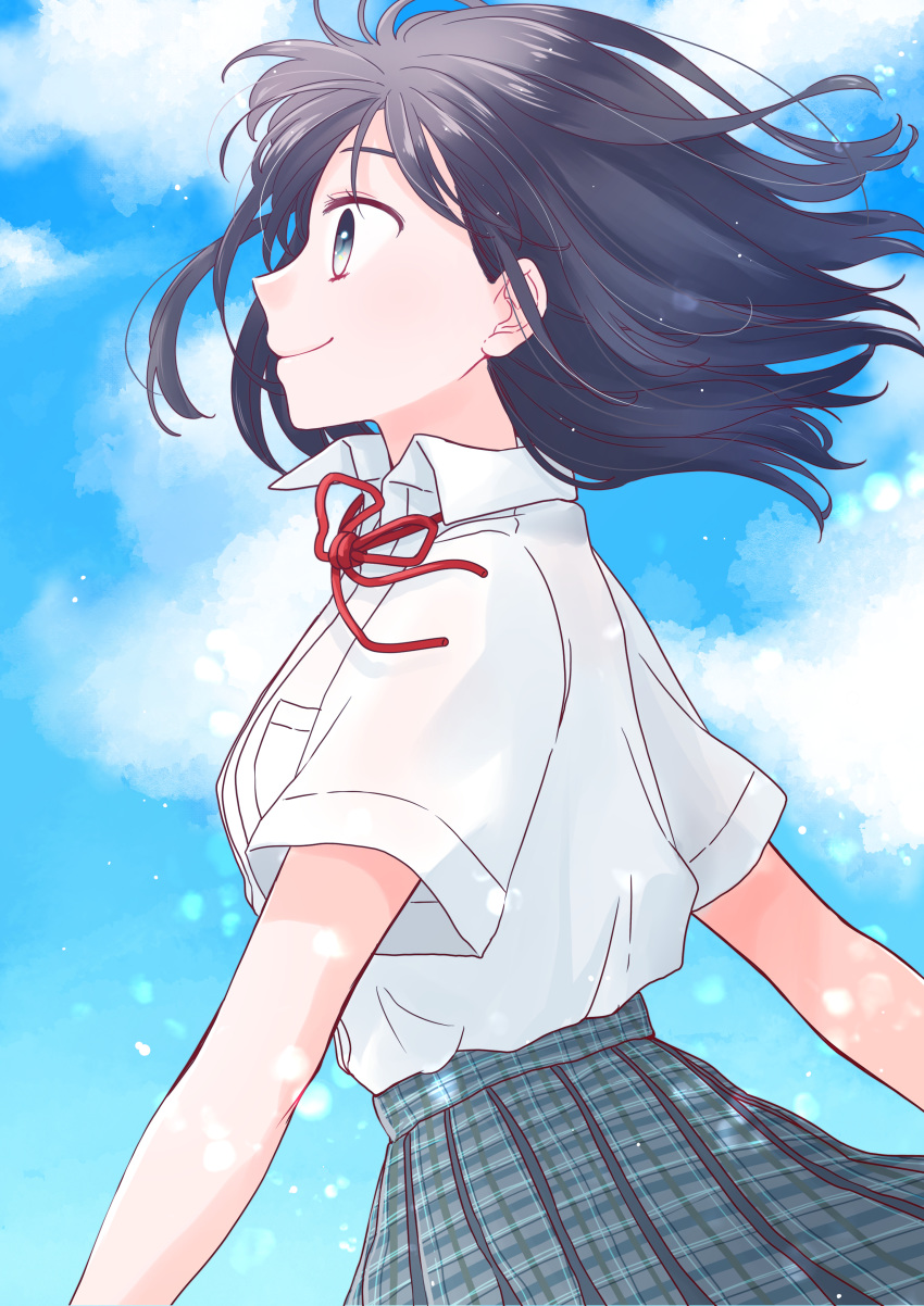 1girl absurdres black_hair blue_eyes blue_sky breasts closed_mouth clouds cloudy_sky collared_shirt commentary_request day from_side grey_skirt highres looking_away maru_(memoriatechnica) neck_ribbon original outdoors plaid plaid_skirt pleated_skirt profile red_ribbon ribbon school_uniform shirt short_sleeves skirt sky small_breasts smile solo white_shirt