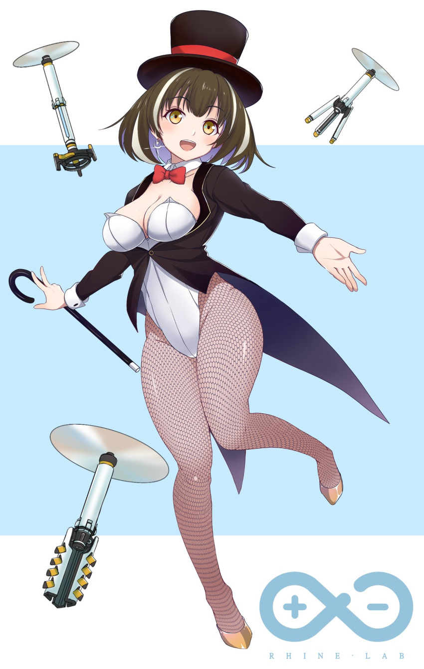 1girl :d aderi arknights bangs black_coat black_hair black_headwear blue_background blush bow bowtie brown_eyes cane coat commentary drone fishnet_legwear fishnets full_body hat head_tilt highres leotard leotard_under_clothes long_sleeves looking_at_viewer magallan_(arknights) multicolored_hair open_mouth pantyhose red_neckwear rhine_lab_logo short_hair smile solo streaked_hair top_hat two-tone_background white_background white_hair white_leotard