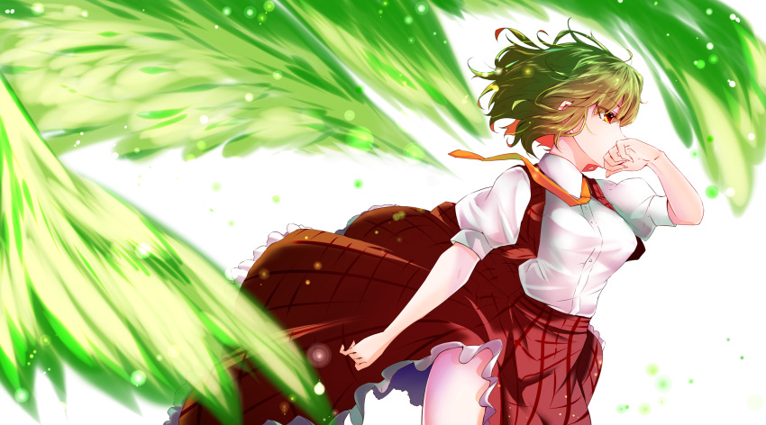 1girl ascot covered_mouth cowboy_shot detached_wings energy_wings green_hair green_wings hand_on_own_face highres itocoh kazami_yuuka medium_hair orange_neckwear plaid plaid_skirt plaid_vest red_eyes shirt short_sleeves simple_background skirt solo touhou vest wavy_hair white_background white_shirt wings
