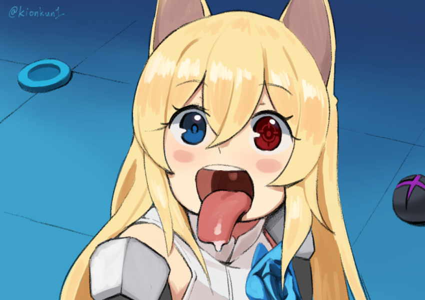 1girl :d animal_ears artificial_eye bishoujo_senshi_sailor_moon blonde_hair blue_background blue_eyes blush_stickers commentary derivative_work dog_ears english_commentary eyebrows_visible_through_hair g41_(girls_frontline) girls_frontline hair_between_eyes heterochromia kion-kun looking_at_viewer mechanical_eye open_mouth red_eyes round_teeth sailor_moon_redraw_challenge saliva screencap_redraw smile solo teeth tongue tongue_out twitter_username upper_teeth