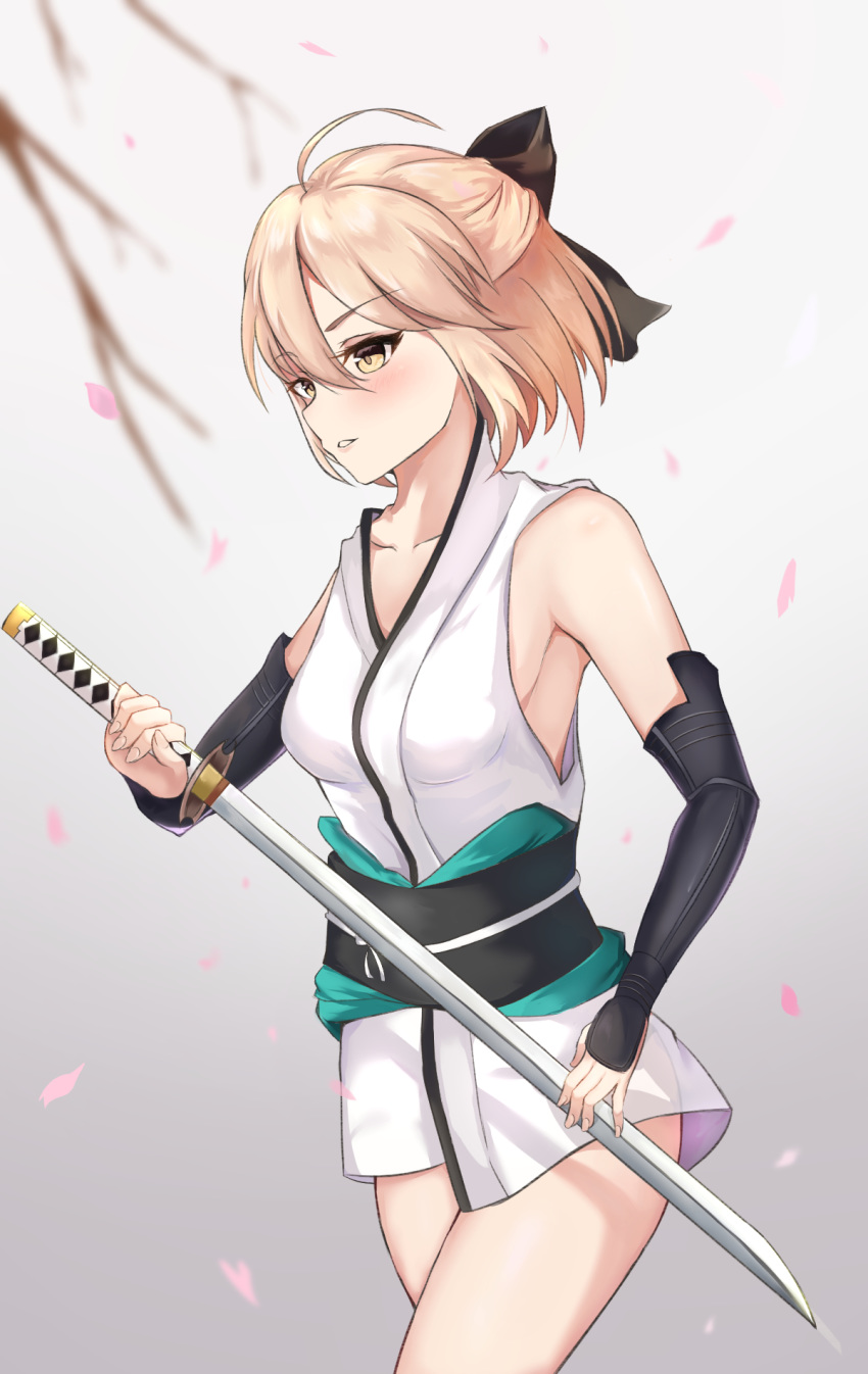 1girl blonde_hair blush breasts collarbone dndeh317 fate/grand_order fate_(series) floral_background grey_background hair_ornament hair_ribbon highres katana okita_souji okita_souji_(fate) okita_souji_(fate)_(all) ribbon short_hair small_breasts solo sword weapon yellow_eyes