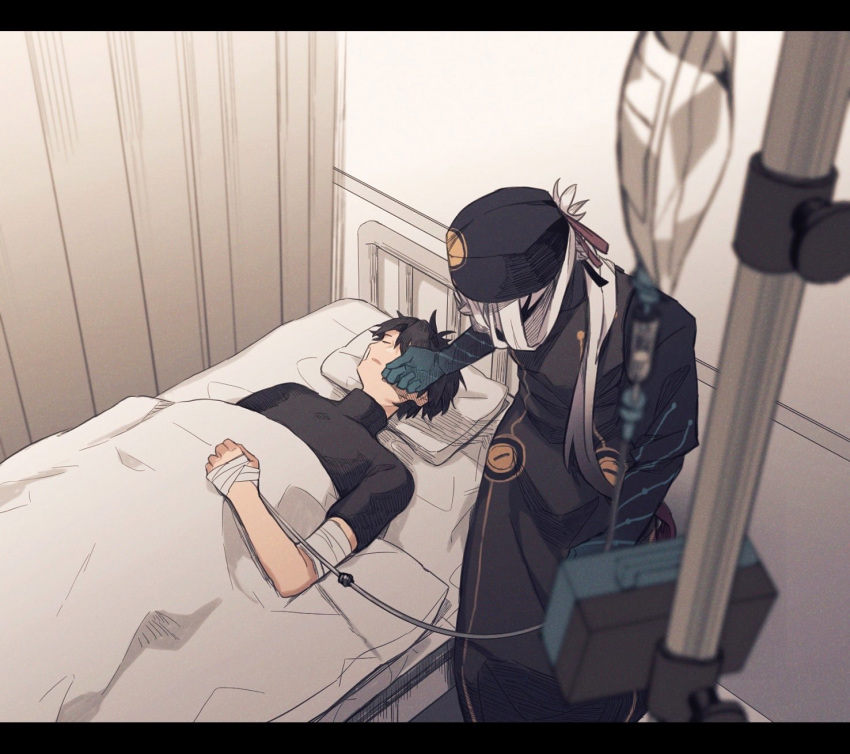 2boys asclepius_(fate/grand_order) bandages bandana bangs bed_sheet black_jacket black_shirt clinic curtains doctor fate/grand_order fate_(series) fujimaru_ritsuka_(male) gloves hair_between_eyes highres hospital injury jacket long_hair long_sleeves lying male_focus mask multiple_boys nrata_2 on_back on_bed shirt silver_hair simple_background sleeping temperature tied_hair tight upper_body