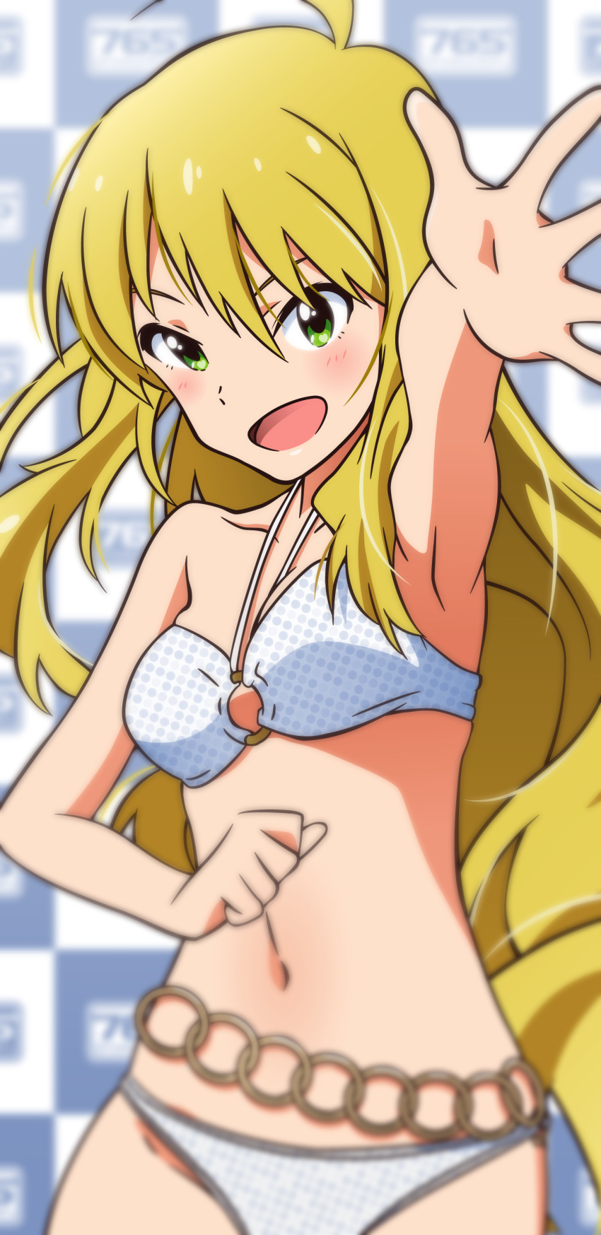 1girl :d absurdres ahoge akizuki_ritchan armpits bangs belly_chain blonde_hair blurry blurry_background blush breasts collarbone green_eyes hair_between_eyes halterneck highres hoshii_miki idolmaster idolmaster_(classic) jewelry long_hair navel open_mouth outstretched_arm outstretched_hand shiny shiny_hair small_breasts smile solo standing very_long_hair