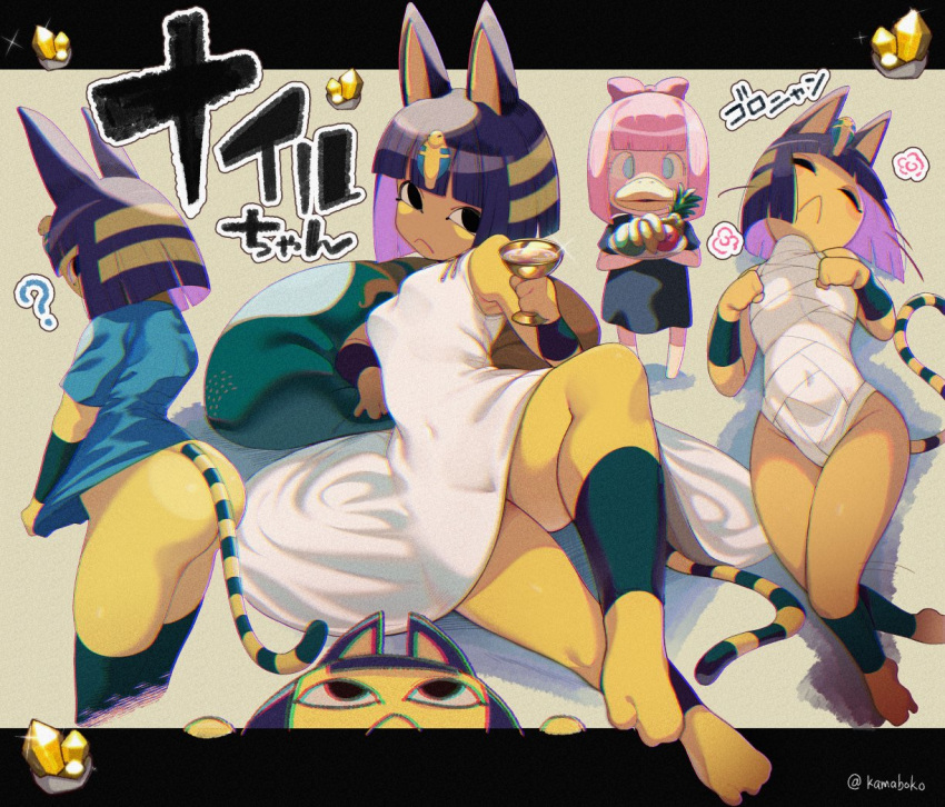 2girls black_eyes blue_hair bob_cut bottomless cat closed_eyes closed_mouth cup dress egyptian food fruit gold kamaboko_(ossann0125) multiple_girls nile_(doubutsu_no_mori) pillow pink_hair shirt thigh-highs villager