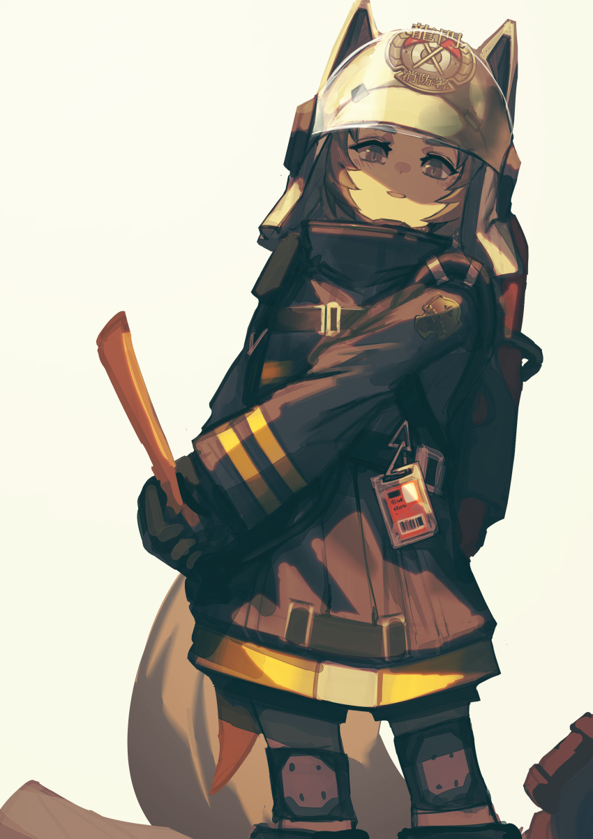 1girl absurdres animal_ears animal_ears_helmet arknights axe black_gloves black_jacket black_shorts brown_background brown_eyes brown_hair commentary_request fake_animal_ears fire_axe fire_helmet fire_jacket firefighter fixro2n gloves highres holding holding_axe jacket knee_pads long_sleeves looking_at_viewer parted_lips shaded_face shaw_(arknights) shorts simple_background smile solo squirrel_girl squirrel_tail standing tail white_headwear