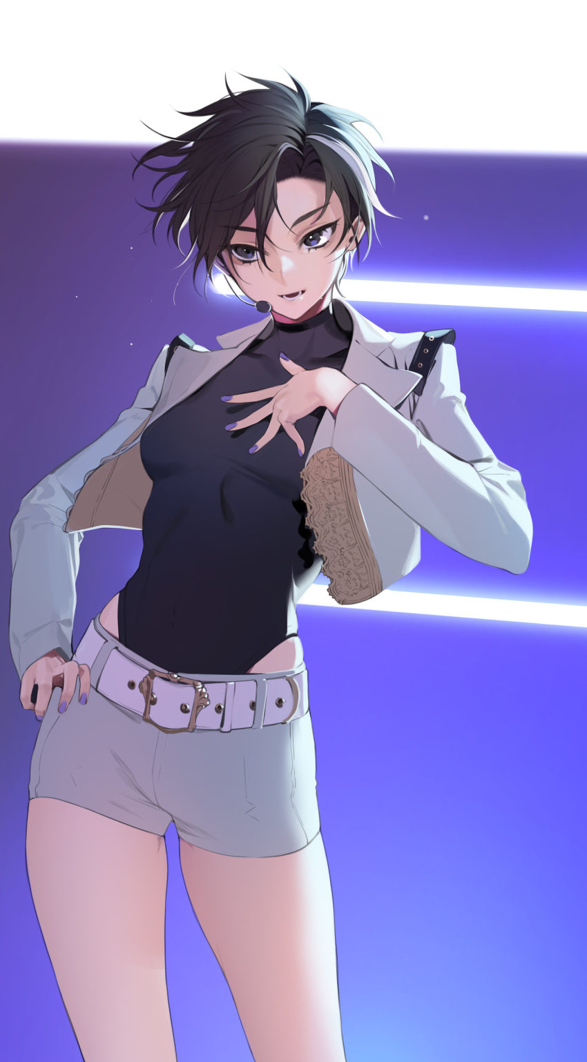 1girl absurdres belt black_hair black_leotard breasts contrapposto cropped_jacket fingernails grey_jacket grey_shorts hair_between_eyes hand_on_hip hand_on_own_chest highres jacket keishi_(shining_star) leotard medium_breasts microphone multicolored_hair music nail_polish ohisashiburi open_clothes open_jacket open_mouth purple_background purple_nails shining_star short_hair shorts singing smile solo standing streaked_hair violet_eyes white_hair