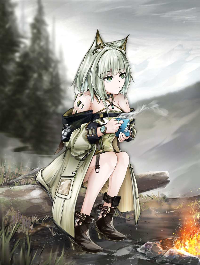 1girl animal_ear_fluff animal_ears arknights bangs bare_shoulders black_choker black_footwear boots campfire choker clouds cloudy_sky commentary_request criss-cross_halter cup eyebrows_visible_through_hair fire grass green_eyes grey_jacket halterneck high_heel_boots high_heels highres jacket jewelry kal'tsit_(arknights) long_sleeves off-shoulder_jacket off_shoulder ore_lesion_(arknights) outdoors rhodes_island_logo ring short_hair silver_hair sitting sky smile solo steam tree triangle_purasu watch watch