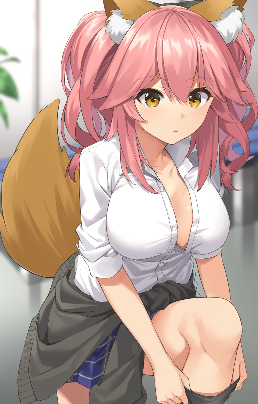 1girl absurdres adjusting_clothes adjusting_legwear animal_ear_fluff animal_ears bangs black_jacket black_legwear blue_skirt blurry blurry_background blush breasts brown_eyes clothes_around_waist collarbone commentary eyebrows_visible_through_hair fate/extella fate/extra fate_(series) foreshortening fox_ears fox_tail hair_between_eyes highres indoors jacket jacket_around_waist kneehighs large_breasts leg_up long_hair looking_at_viewer miniskirt no_bra open_clothes open_shirt parted_lips partially_unbuttoned pink_hair plaid plaid_skirt shirt short_sleeves skirt solo suiroh_(shideoukami) tail tail_raised tamamo_(fate)_(all) tamamo_jk_(fate) tamamo_no_mae_(fate) thighs twintails white_shirt