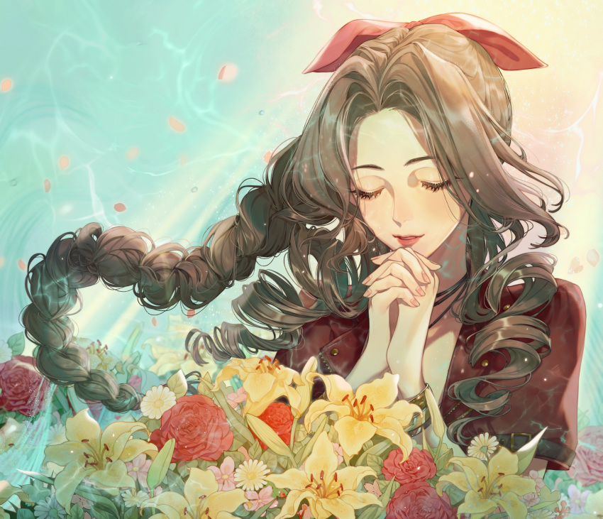 1girl absurdres aerith_gainsborough bangs bracelet braid braided_ponytail brown_hair closed_eyes commentary drill_hair eyelashes final_fantasy final_fantasy_vii floating_hair flower forehead hair_ribbon hands_clasped highres jacket jewelry lips lipstick long_hair makeup necklace own_hands_together parted_bangs parted_lips praying red_jacket red_ribbon ribbon short_sleeves side_drill simite smile solo twin_drills upper_body