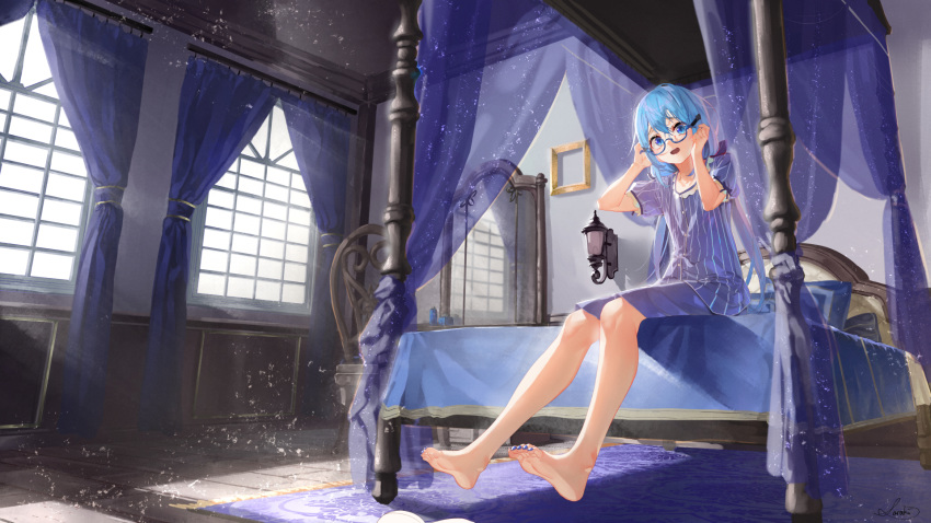 1girl adjusting_eyewear barefoot bed bed_sheet bedroom blue-framed_eyewear blue_hair canopy_bed chair curtains dust_particles feet glasses hands_up highres indoors long_hair looking_at_viewer mirror on_bed open_mouth original pajamas picture_frame pillow rug saraki semi-rimless_eyewear short_hair signature sitting sleepwear soles sunlight toenail_polish under-rim_eyewear waking_up wide_shot window