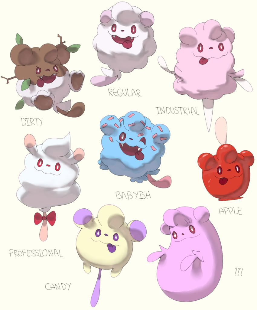 :3 :d ?? brown_eyes closed_mouth commentary creature english_commentary english_text fangs full_body gen_6_pokemon highres looking_at_viewer no_humans open_mouth pinkgermy pokemon pokemon_(creature) red_eyes ribbon simple_background smile swirlix tongue tongue_out violet_eyes white_background