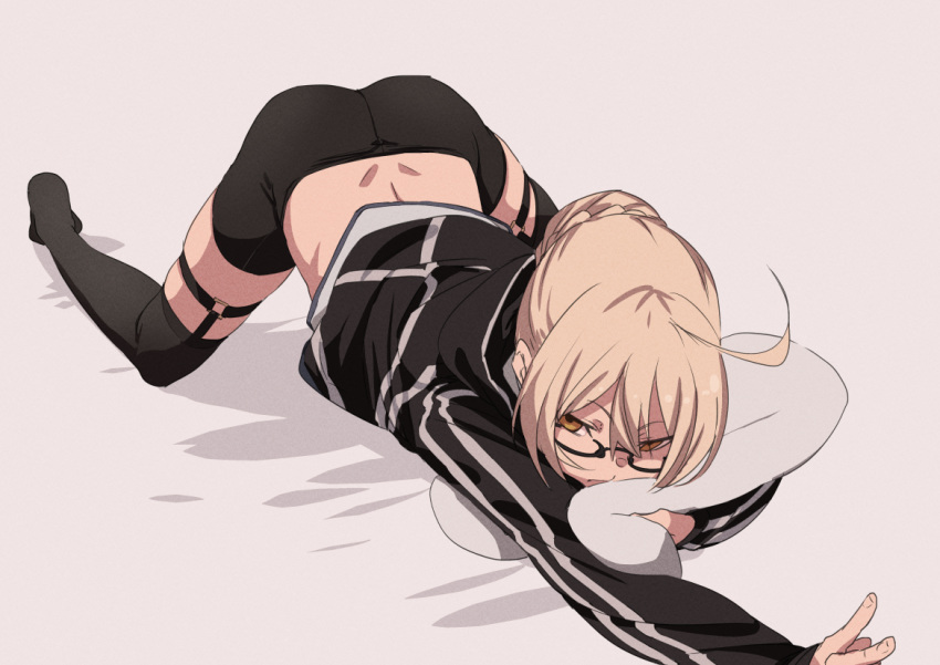 1girl ahoge all_fours artoria_pendragon_(all) back bike_shorts black-framed_eyewear black_jacket blonde_hair braid fate/grand_order fate_(series) french_braid fu-ta garter_straps glasses holding holding_pillow jacket long_sleeves looking_at_viewer mysterious_heroine_x_(alter) on_bed pillow pillow_hug solo thigh-highs top-down_bottom-up v yellow_eyes
