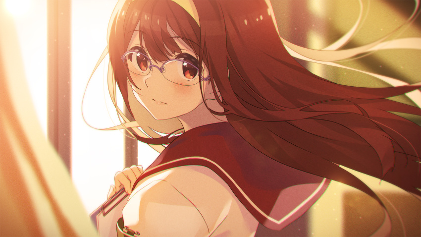 1girl backlighting bangs bespectacled blush brown_eyes brown_hair clipboard curtains eyebrows_visible_through_hair from_side glasses hairband highres holding holding_clipboard idolmaster idolmaster_million_live! indoors long_hair looking_at_viewer looking_to_the_side narumi_nanami over-rim_eyewear purple-framed_eyewear safety_pin school_uniform semi-rimless_eyewear serafuku solo sunlight tanaka_kotoha upper_body window yellow_hairband