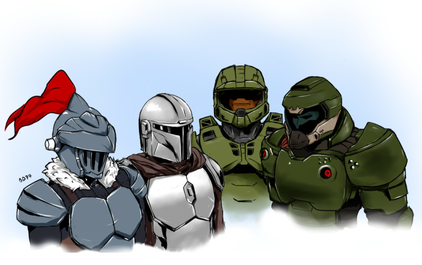 4boys armor bd77 blue_background crossover din_djarin doom_(game) doomguy english_commentary faceless faceless_male goblin_slayer goblin_slayer! halo_(game) looking_ahead looking_to_the_side master_chief multiple_boys plume power_armor spartan_(halo) star_wars the_mandalorian trait_connection visor