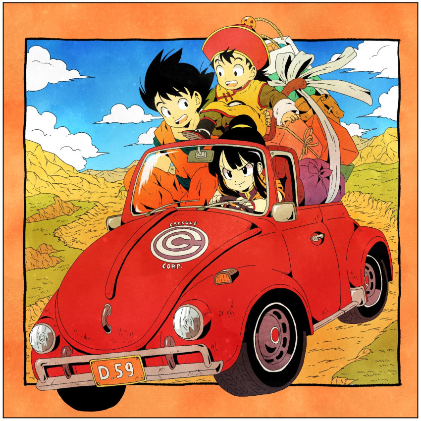 1girl 2boys :d arm_support bag bangs bare_arms bare_shoulders black_eyes black_hair blue_sky blunt_bangs border box bracelet capsule_corp car chi-chi_(dragon_ball) clouds cloudy_sky convertible couple day dougi dragon_ball dragon_ball_(object) dragon_ball_z driving family father_and_son fingernails floating_hair full_body grass ground_vehicle hair_bun hand_on_another's_waist happy hat hetero highres jewelry long_sleeves looking_afar looking_at_another messy_hair monkey_tail mother_and_son motor_vehicle mountain multiple_boys nature neckerchief open_mouth orange_border orange_neckwear outdoors outside_border package red_headwear rock shopping_bag sidelocks sitting sitting_on_person sitting_on_shoulder sky smile son_gohan son_gokuu tail teeth toritoki_(trig_tkdb) upper_teeth v-shaped_eyebrows