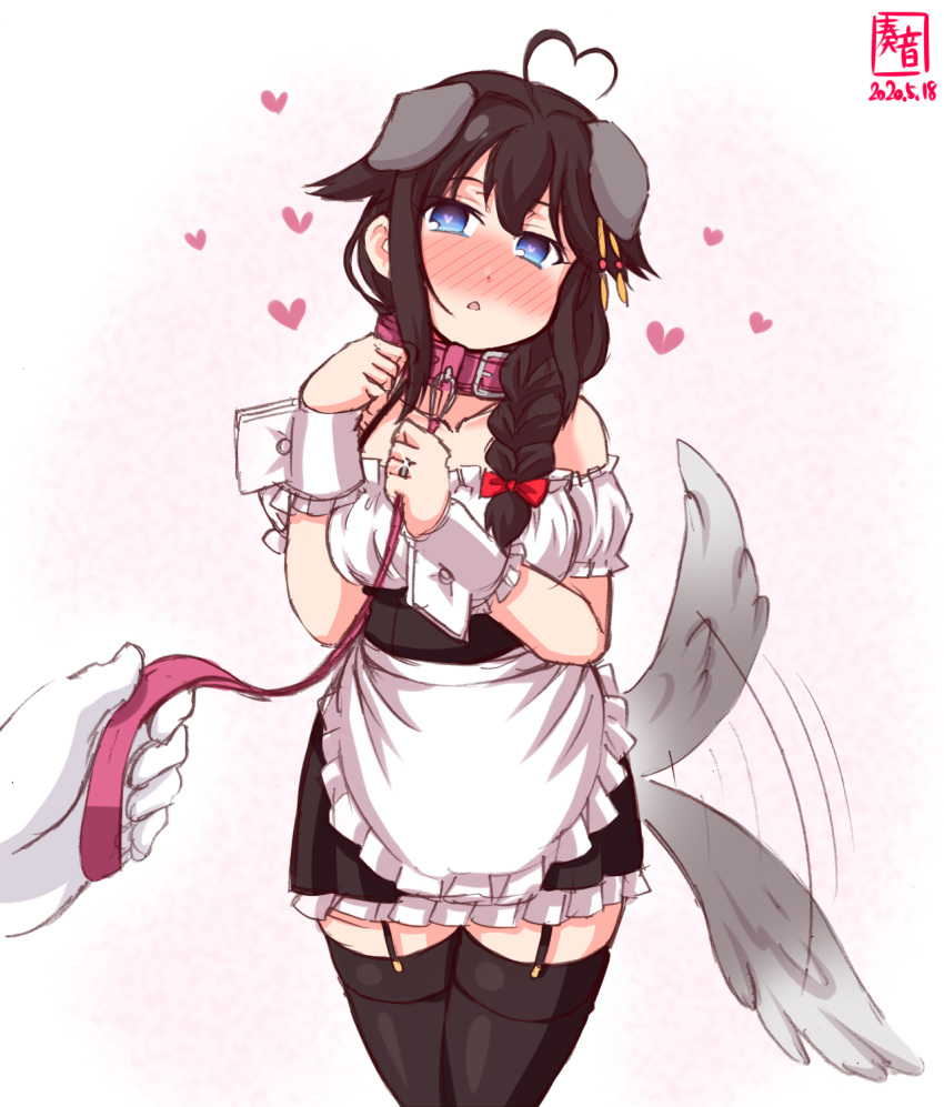 1girl afterimage ahoge alternate_costume animal_ears apron artist_logo black_hair black_legwear black_skirt blouse blue_eyes braid collar commentary_request cowboy_shot dated detached_sleeves dog_collar dog_ears dog_tail enmaided frilled_apron frilled_blouse frilled_skirt frills garter_straps hair_flaps hair_ornament hair_over_shoulder heart heart-shaped_pupils heart_ahoge highres kanon_(kurogane_knights) kantai_collection leash looking_at_viewer maid remodel_(kantai_collection) shigure_(kantai_collection) simple_background single_braid skirt solo symbol-shaped_pupils tail tail_wagging thigh-highs waist_apron white_apron white_background white_blouse