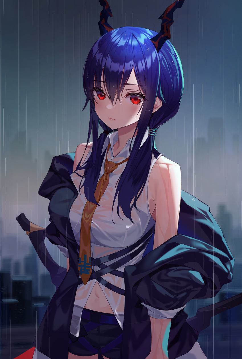 1girl arknights bangs bare_shoulders black_coat black_jacket black_shorts blue_hair blurry blurry_background blush breasts ch'en_(arknights) cityscape closed_mouth coat collared_shirt cowgirl_position depth_of_field dragon_horns dress_shirt hair_over_shoulder highres horns jacket long_hair looking_at_viewer low_twintails medium_breasts munseonghwa navel necktie off_shoulder open_clothes open_coat open_jacket outdoors rain red_eyes see-through shirt short_shorts shorts sidelocks sleeveless sleeveless_shirt solo straddling twintails water wet wet_clothes wet_shirt white_shirt yellow_neckwear