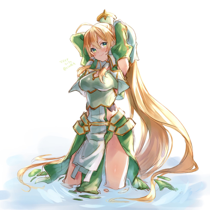 1girl absurdly_long_hair arms_behind_head arms_up bangs blonde_hair closed_mouth cowboy_shot detached_sleeves floating_hair green_eyes green_sleeves hair_between_eyes hair_tubes highres hozumi_rino leafa_(terraria) long_hair long_sleeves looking_at_viewer ponytail shiny shiny_hair simple_background sketch smile solo standing sword_art_online very_long_hair wading white_background