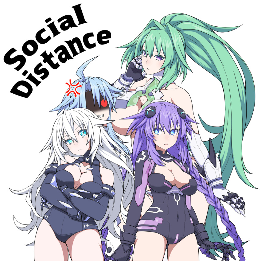 4girls ahoge angry black_heart braid breast_envy breasts coronavirus_pandemic gloves green_hair green_heart height_difference highres leotard light_blue_hair long_hair looking_at_another looking_at_viewer medium_breasts multiple_girls neptune_(series) ponytail power_symbol purple_hair purple_heart red_eyes short_hair_with_long_locks simple_background symbol-shaped_pupils thighs twin_braids up_(mmmmmmmmss) very_long_hair violet_eyes white_background white_hair white_heart