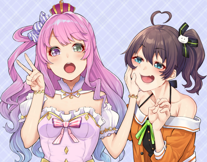 2girls ahoge bangs bare_shoulders blue_eyes blush breasts brown_hair candy_hair_ornament checkered checkered_background collarbone commentary_request crown dress eyebrows_visible_through_hair food_themed_hair_ornament green_eyes hair_between_eyes hair_ornament heterochromia himemori_luna hololive jewelry long_hair looking_at_viewer mikan_(chipstar182) multiple_girls natsuiro_matsuri open_mouth pink_background pink_hair purple_hair ribbon side_ponytail smile violet_eyes virtual_youtuber