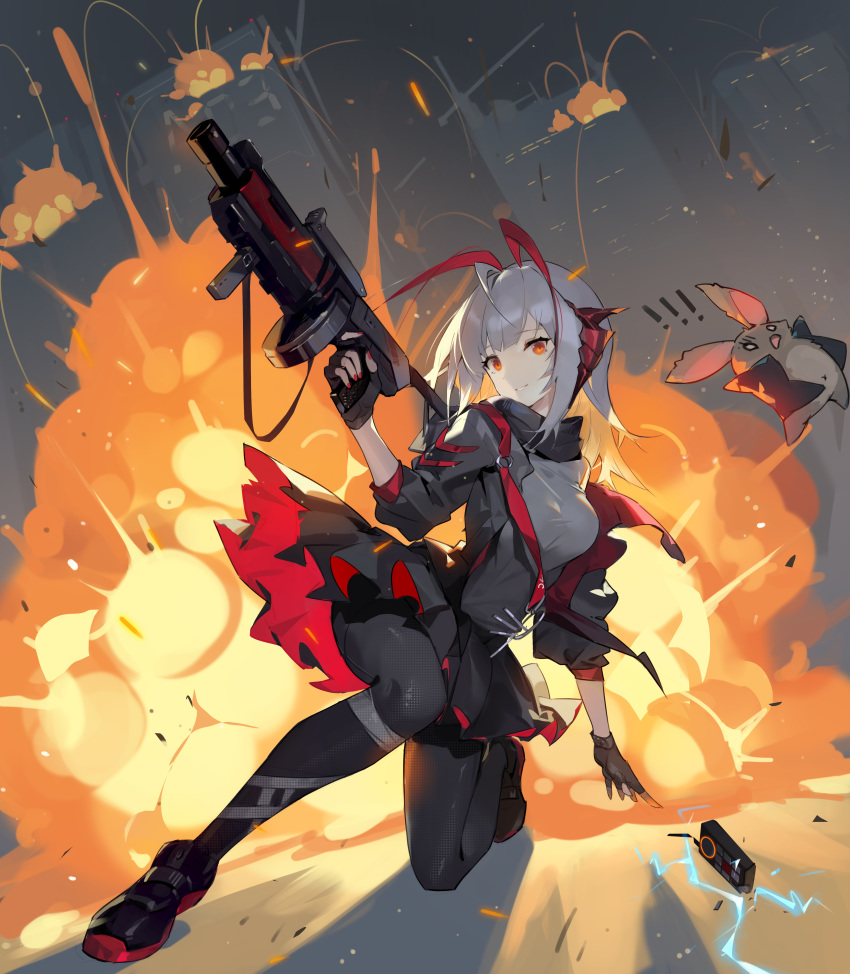 1girl absurdres antenna_hair arknights black_footwear black_gloves black_jacket black_legwear black_skirt breasts cubies_(tiger_205) detonator explosion fingerless_gloves gloves grenade_launcher grey_hair grey_shirt highres holding jacket large_breasts looking_at_viewer miniskirt one_knee open_clothes open_jacket orange_eyes pantyhose parted_lips shirt shoes short_hair skirt solo stuffed_animal stuffed_bunny stuffed_toy w_(arknights) weapon