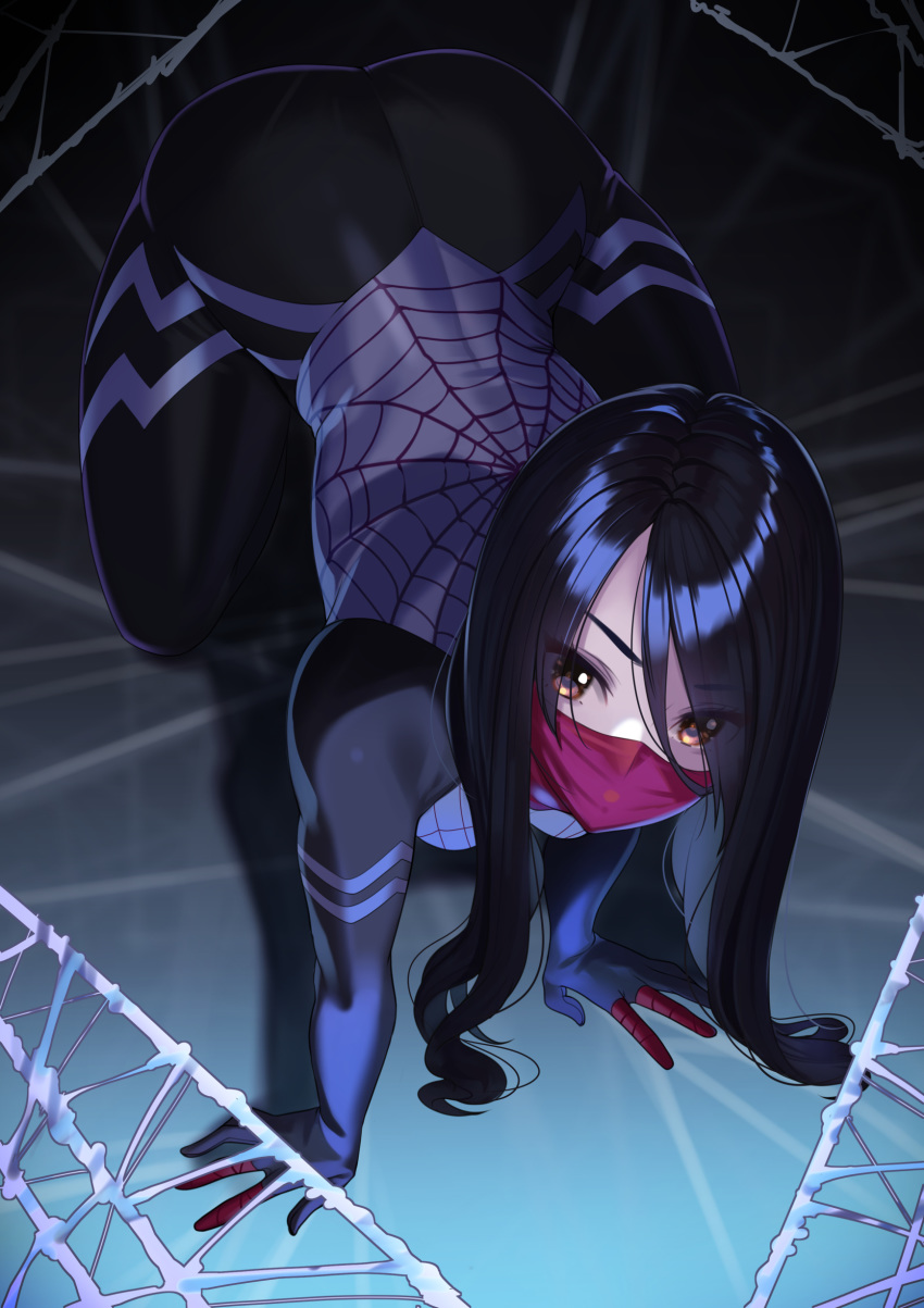 1girl absurdres all_fours ass bangs black_bodysuit black_hair bodysuit breasts brown_eyes hair_between_eyes highres kagematsuri long_hair looking_at_viewer marvel mask mouth_mask shiny shiny_hair silk silk_(marvel) small_breasts solo spider-man_(series) spider_web spider_web_print thighs
