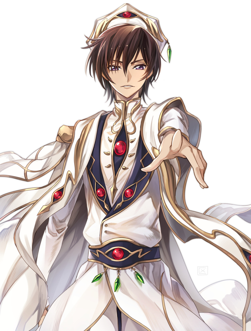 1boy bangs brown_hair code_geass hair_between_eyes highres kubird_meme lelouch_lamperouge long_sleeves looking_at_viewer male_focus outstretched_arm parted_lips short_hair simple_background solo standing violet_eyes white_background