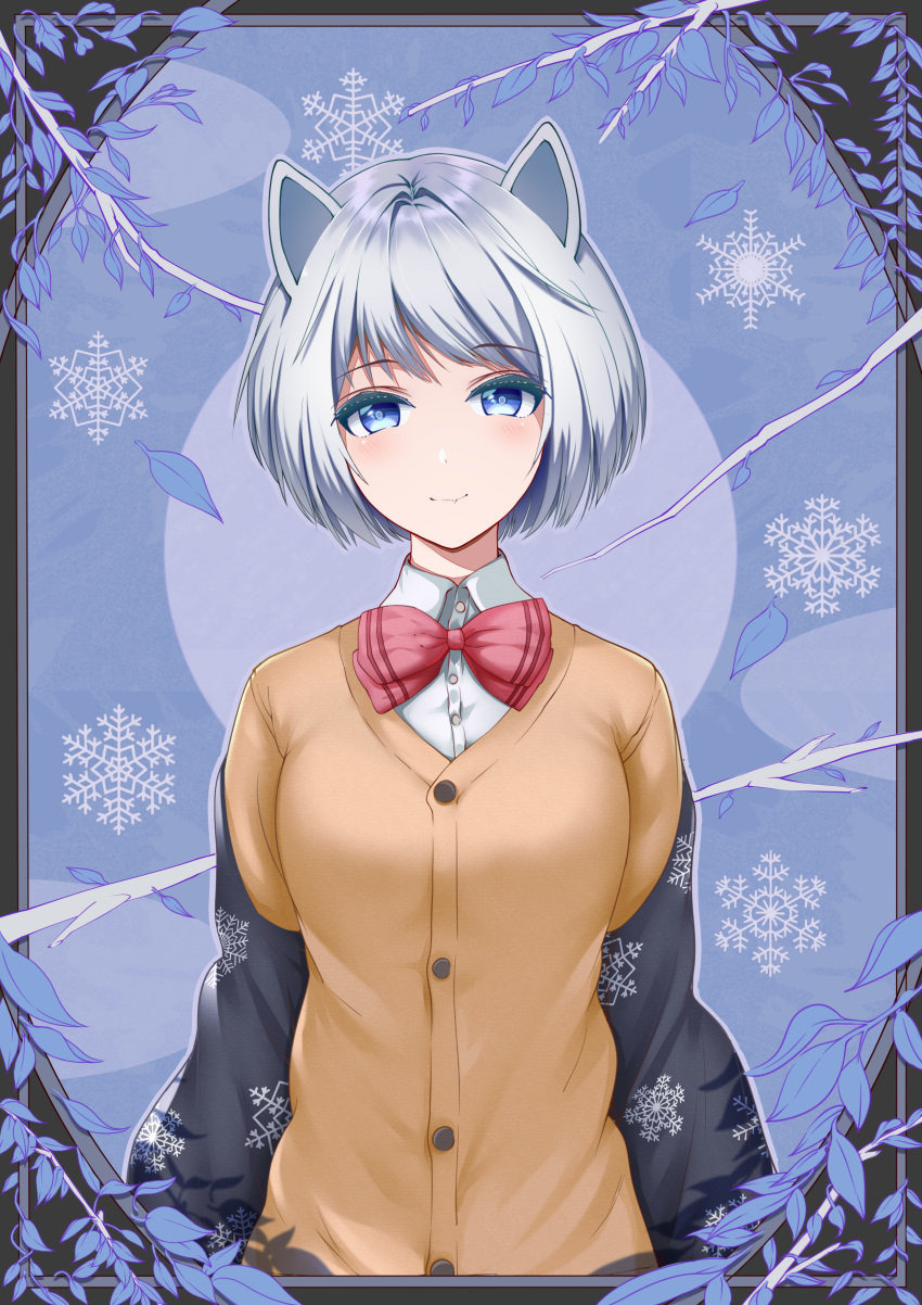 1girl absurdres animal_ears bangs black_jacket blue_eyes blush bow breasts cat_ears commentary_request dsbz eyebrows_visible_through_hair grey_hair highres jacket large_breasts looking_at_viewer original red_bow red_neckwear shirt short_hair smile snowflake_print solo sweater_vest upper_body white_shirt