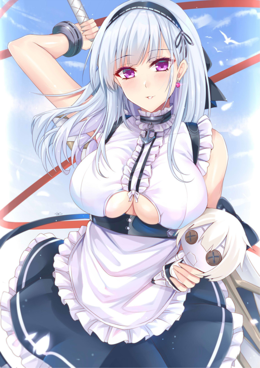 1girl absurdres anchor_choker apron arm_up azur_lane bangs bare_shoulders bird black_bow black_hairband black_skirt blue_sky blunt_bangs blush bow bracelet breasts button_eyes center_frills character_doll choker clouds commentary cowboy_shot dido_(azur_lane) doll earrings eyebrows_visible_through_hair frilled_apron frilled_choker frilled_shirt frilled_skirt frills gu_li hair_bow hairband heart heart_earrings highres holding holding_doll holding_sword holding_weapon jewelry lace-trimmed_hairband large_breasts long_hair looking_at_viewer maid_apron parted_lips shirt silver_hair skirt sky sleeveless sleeveless_shirt smile solo standing sword under_boob underboob_cutout underbust violet_eyes waist_apron weapon white_apron white_shirt