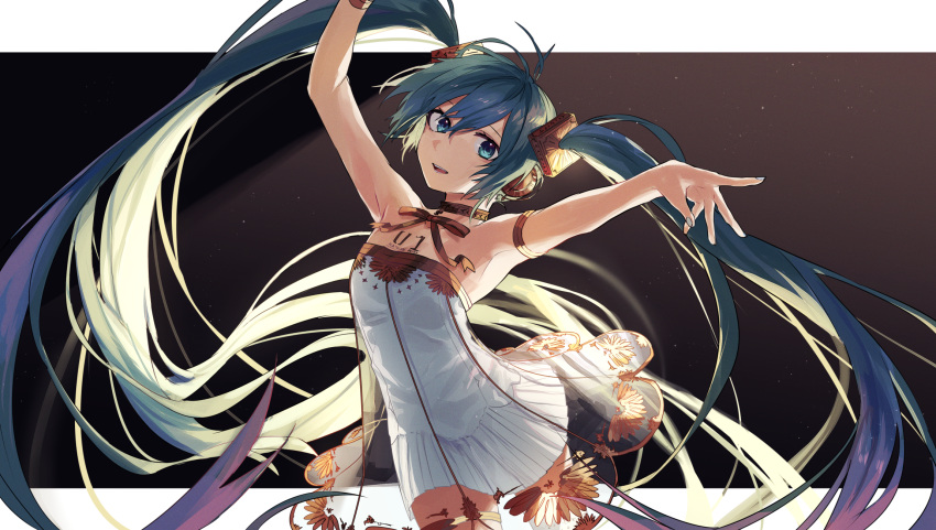 1girl :d antenna_hair armlet arms_up bangs blue_eyes blue_hair body_writing brown_neckwear brown_ribbon character_name commentary_request cowboy_shot dress gradient gradient_background grey_nails hatsune_miku headphones highres layered_dress long_hair looking_at_viewer miku_symphony_(vocaloid) moegi0926 nail_polish neck_ribbon number open_mouth outstretched_arm ribbon see-through smile solo strapless strapless_dress very_long_hair vocaloid white_dress