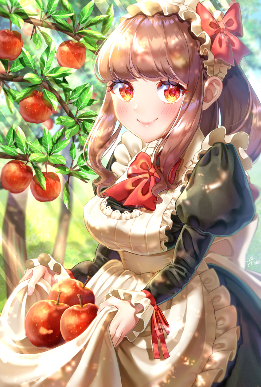 1girl apple apple_tree apron apron_basket apron_lift bangs black_dress blunt_bangs blush bow bowtie breasts brown_hair commentary cowboy_shot day dress food fruit hairband highres juliet_sleeves leaf lifted_by_self light_rays lolita_hairband long_sleeves looking_at_viewer maid_apron medium_breasts medium_hair onenechan original outdoors ponytail puffy_sleeves red_eyes red_neckwear sidelocks smile solo standing sunbeam sunlight tree tree_branch