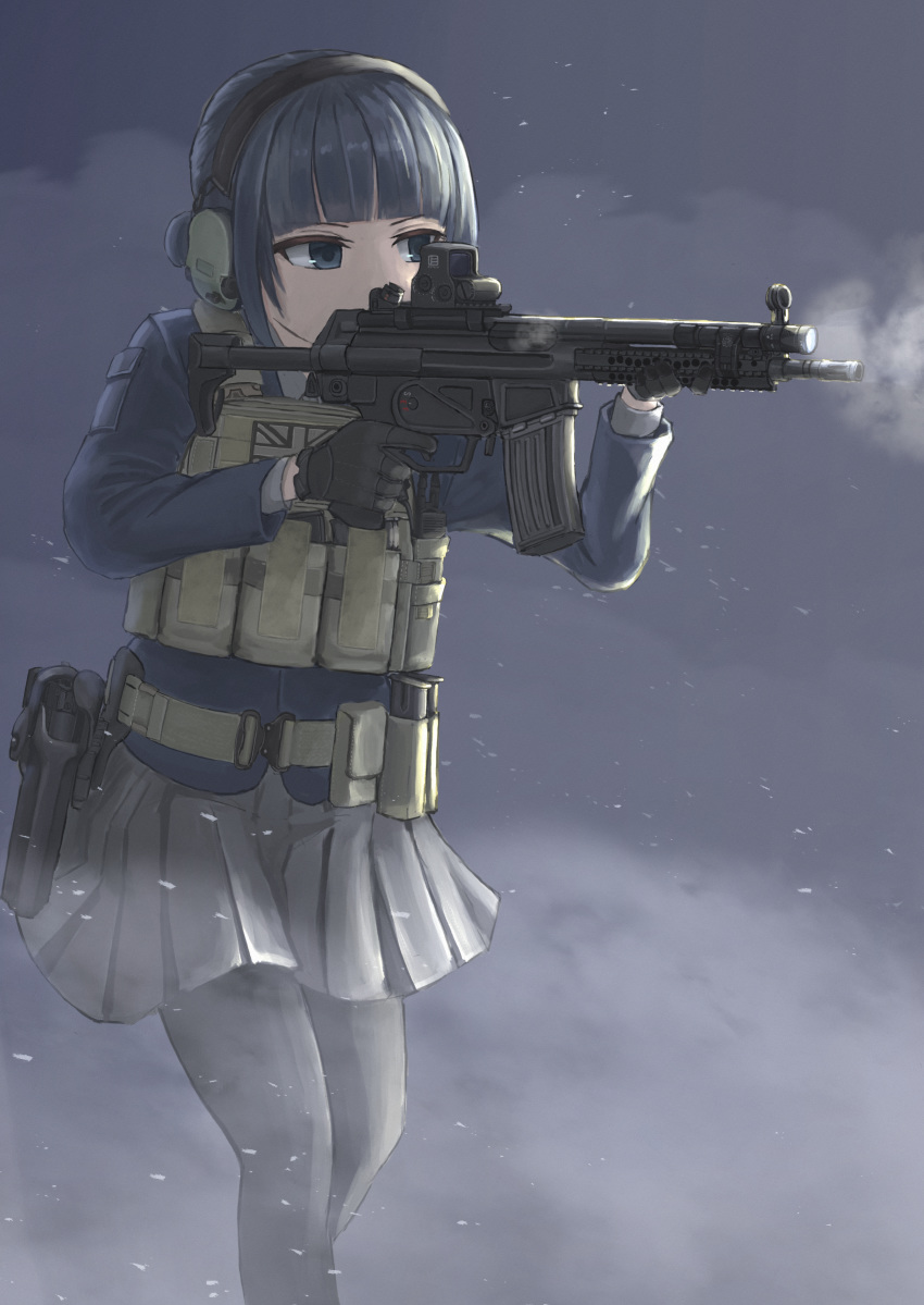 1girl absurdres black_legwear blue_eyes blue_hair commentary d-sawa613 ear_protection firing gloves gun h&amp;k_hk53 handgun heckler_&amp;_koch highres holster holstered_weapon huge_filesize original pantyhose pistol plate_carrier school_uniform simple_background smoke solo submachine_gun weapon