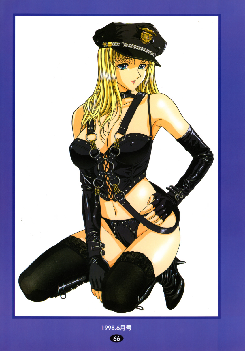 1990s_(style) 1998 1girl absurdres aqua_eyes black_footwear black_gloves black_legwear blonde_hair bondage_outfit boots border bustier collar covered_nipples dated fingerless_gloves full_body gloves hand_on_hip hat high_heels highres huge_filesize long_hair navel o-ring original page_number peaked_cap scan solo thigh-highs thong yoshizane_akihiro