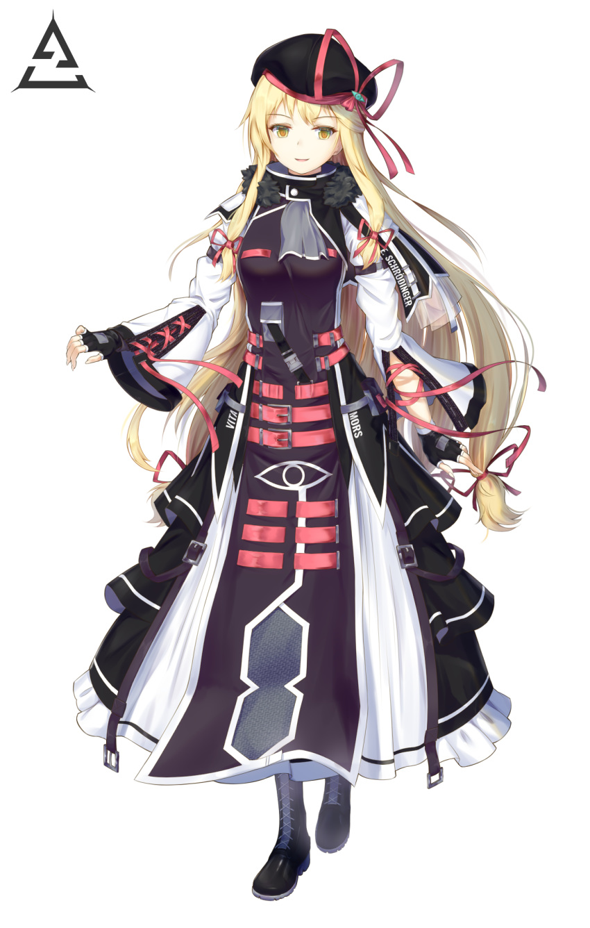 1girl adapted_costume arknights bangs belt belt_buckle black_dress black_footwear black_gloves black_headwear blonde_hair boots breasts buckle clothes_writing cravat cross-laced_clothes dress eye_print fingerless_gloves full_body fur_trim gloves hair_ribbon hat hat_ribbon highres long_hair long_sleeves looking_at_viewer medium_breasts multiple_belts parody parted_lips red_ribbon ribbon ribbon_trim sidelocks simple_background smile solo tabard touhou tress_ribbon turtleneck very_long_hair vh(yuv-achi) white_background wide_sleeves yakumo_yukari yellow_eyes